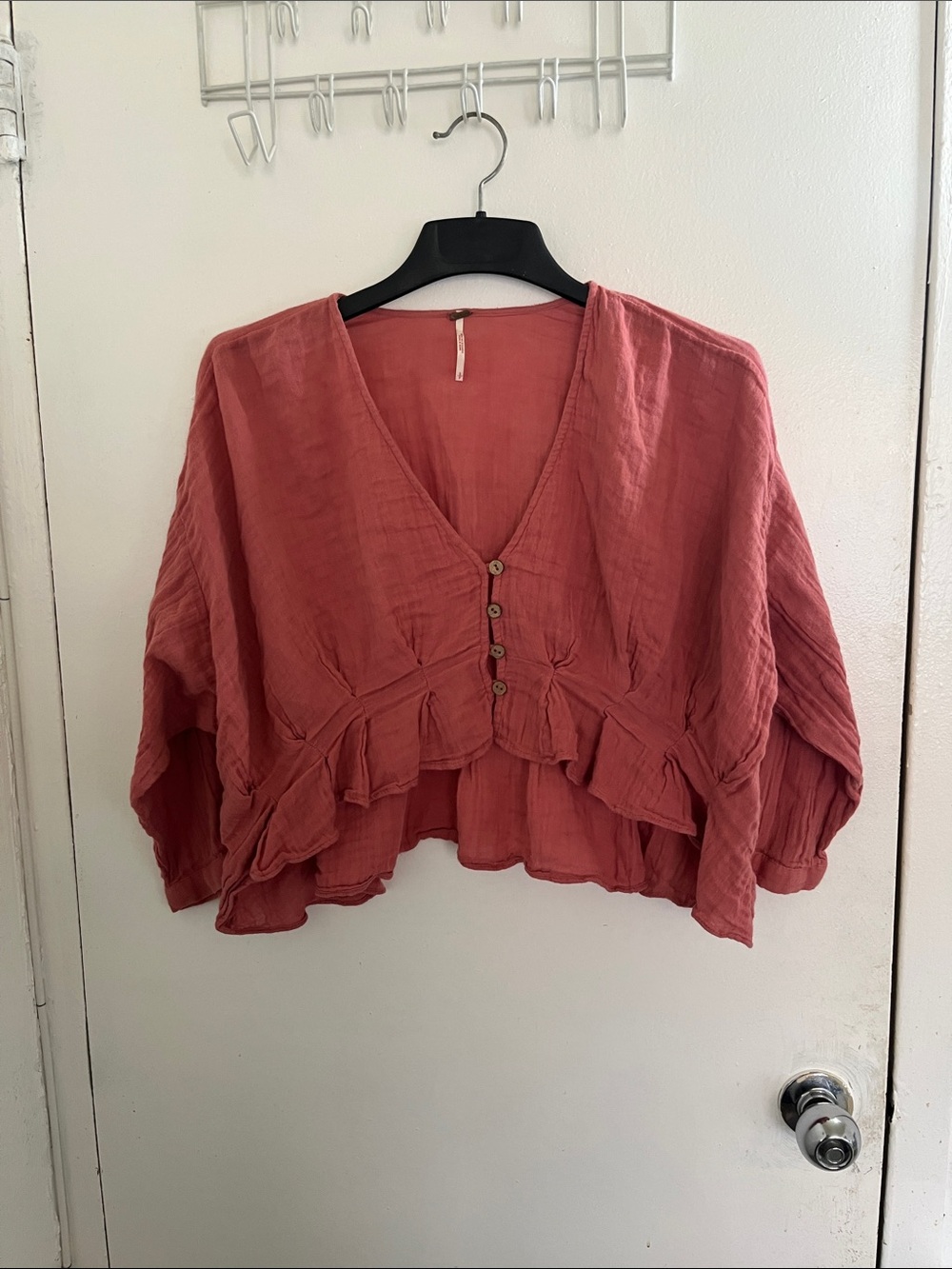 Rust Red Ruffled V-Neck Button-Front Women’s Top - Picture 2 of 7